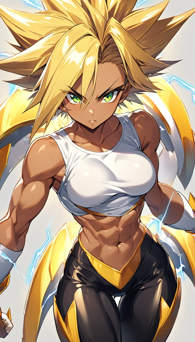 a girl, Saiyan, super saiyan, super saiyan, spiky blonde hair, green eyes, defined muscles, thin waist, wide hips, dark skin, medium breasts, tight clothes, white t-shirt, black pants, blue lightning around her