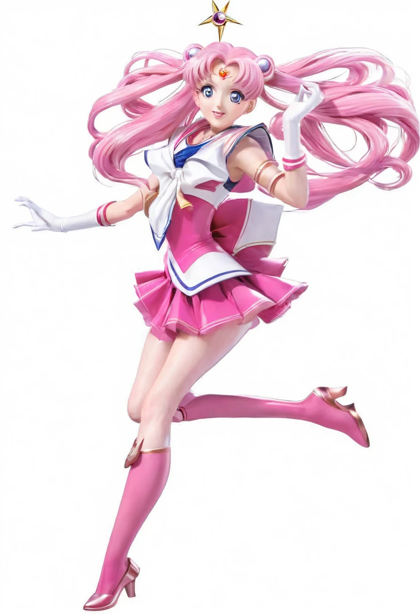 sailor girl in a pink dress and white top with a pink hair, sailor moon!!!!!!!!, the sailor moon. beautiful, pink iconic character, by Sailor Moon, sailor moon style, magical girl anime mahou shojo, inspired by Sailor Moon, pose(arms up + happy), style of magical girl, humanoid pink female squid girl, anime pose, shining pink armor