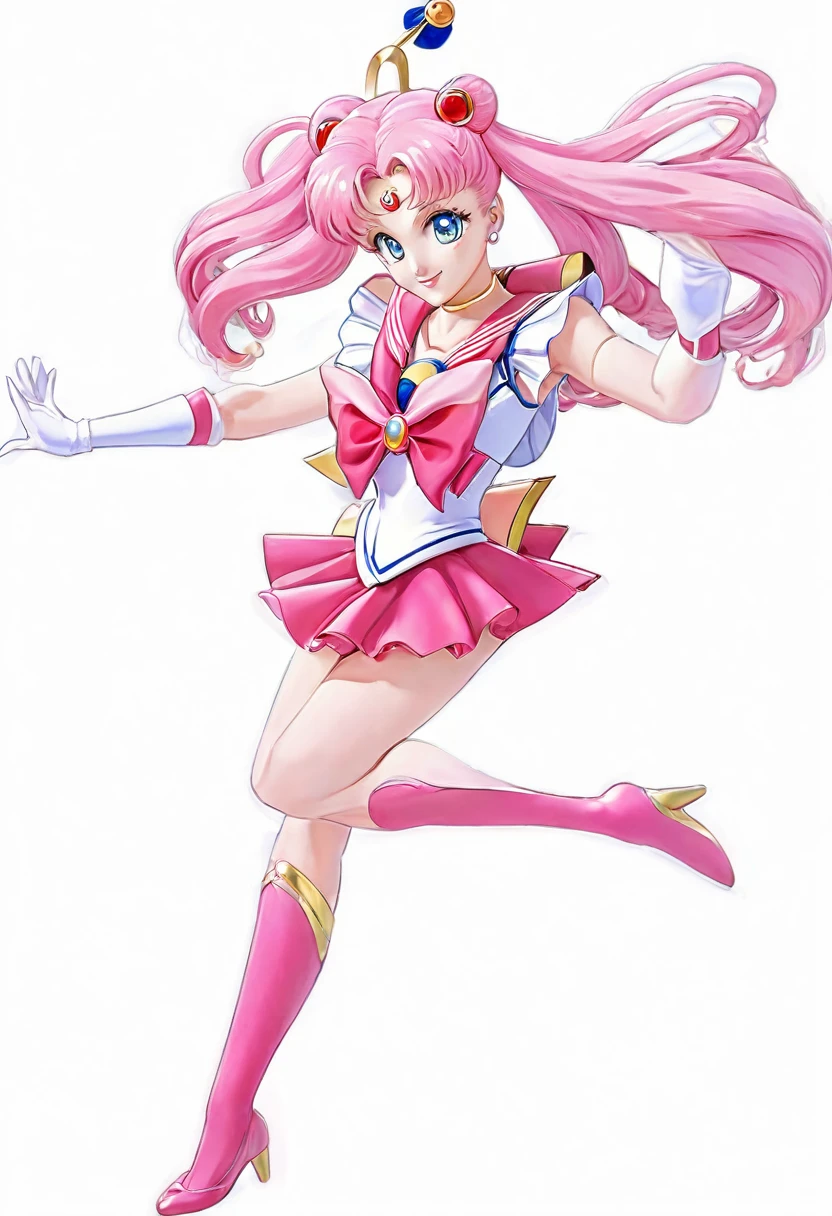 sailor girl in a pink dress and white top with a pink hair, sailor moon!!!!!!!!, the sailor moon. beautiful, pink iconic character, by Sailor Moon, sailor moon style, magical girl anime mahou shojo, inspired by Sailor Moon, pose(arms up + happy), style of magical girl, humanoid pink female squid girl, anime pose, shining pink armor