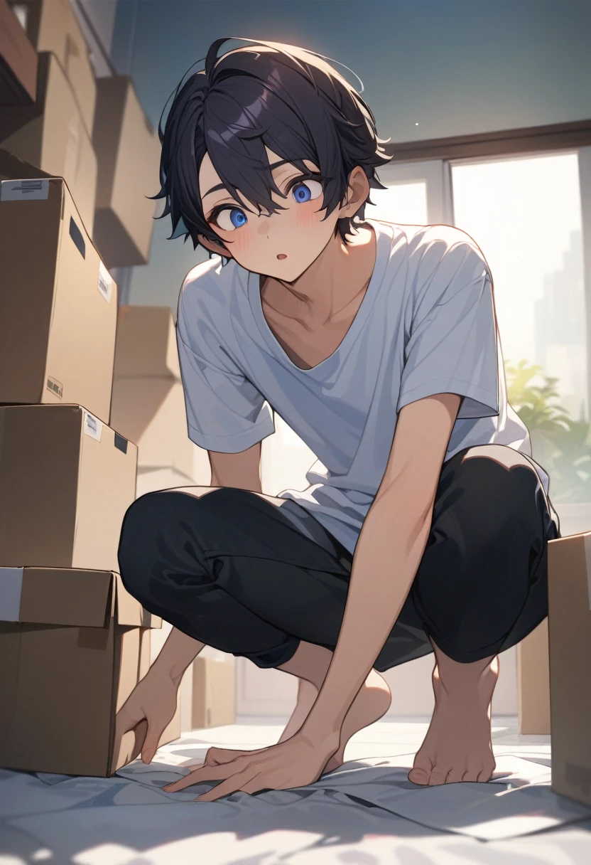 masterpiece, best quality, extremely detailed, ultra detailed, flat anime, 2D,
((1boy)),black hair, (short hair:1.5),blue eyes, height 1.7meters, (circle eyes:1.2), (young adult:1.2), Ear-length sideburns,
long Sleeves, White T-shirt, barefoot,
squatting, looking away, expressionless,open mouth,
summer, 12AM, livingroom,organizing the boxes., I'm looking at the material in my hand.