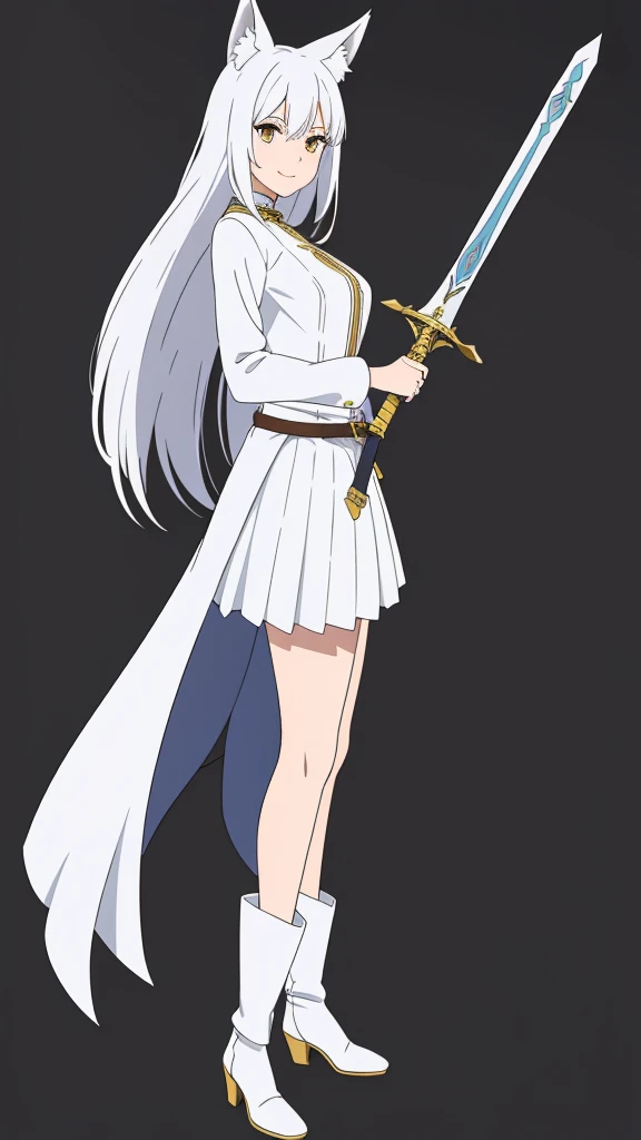 1girl ,solo,20s,mature female,white hair,long hair,fox ears,(simple background),white shirt,white skirt,smile,sword,idle pose,battle pose,left handed