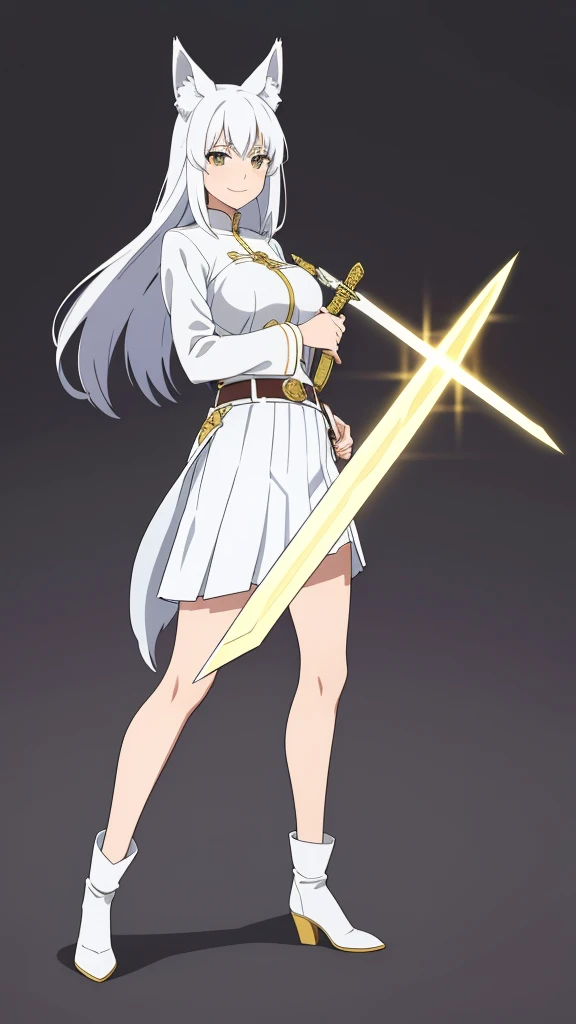 1girl ,solo,20s,mature female,white hair,long hair,fox ears,(simple background),white shirt,white skirt,smile,sword,idle pose,battle pose,left handed