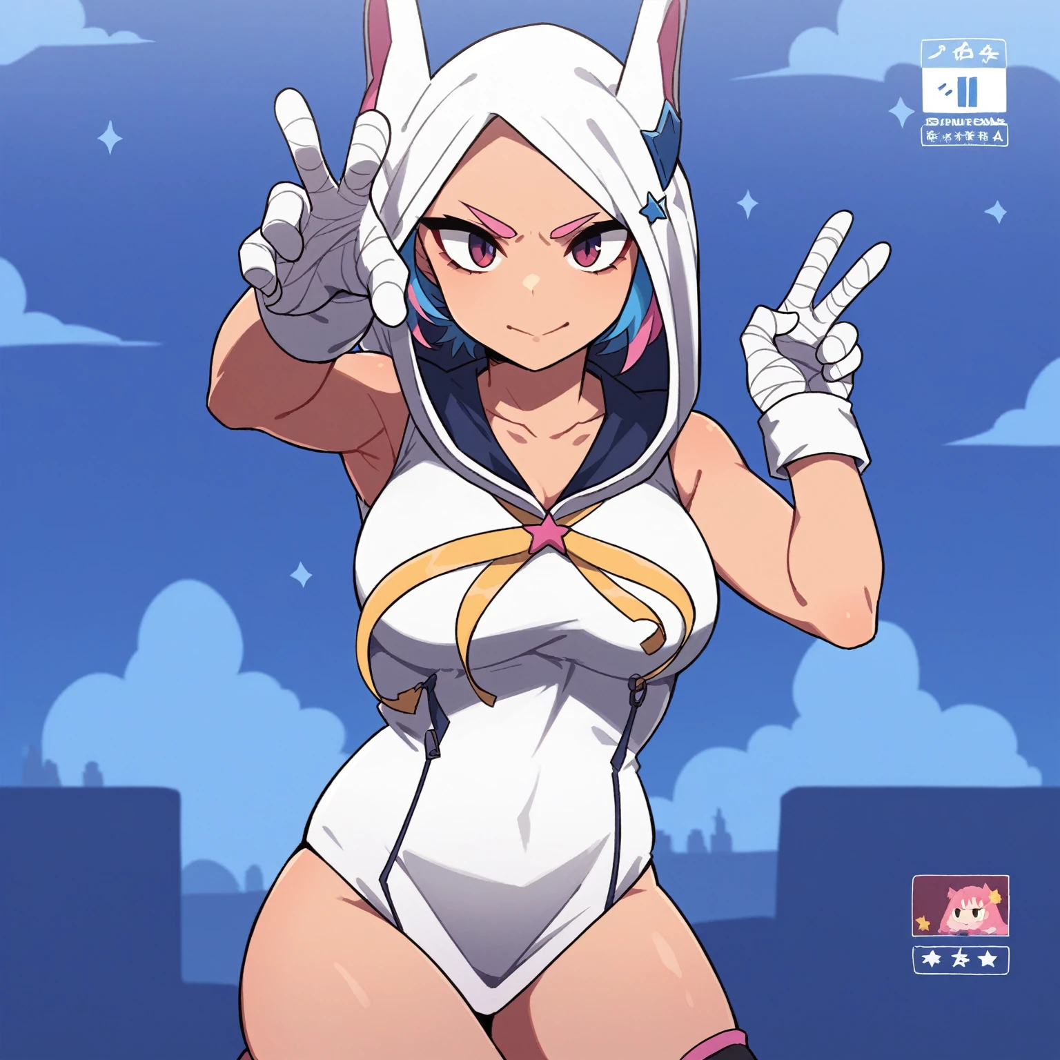 masterpiece, best quality, 8K, light, Ultra-high resolution, Red Cliff, 1 Girl, Bag, 背Bag, Solitary, Colorful hair, shorts, Star \, (symbol\), Blue Hair, hood, sit, Pink Hair, Star Hair accessories, headrest, sock, pink footwear, black shorts, Hair accessories, whole body, boots, bandage, slope, Double tail, Jacket,