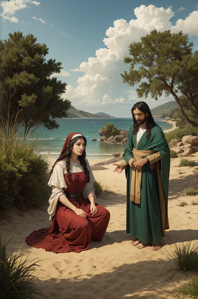 Biblical Man Jesus Christ and Samaritan woman lowers well next to water large scenery of sand and greens next to