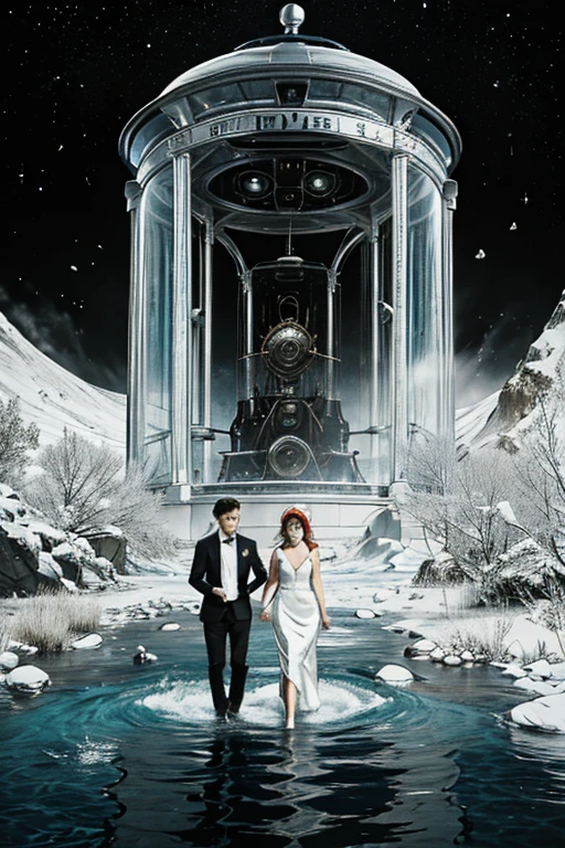 Boy and girl walking together to a thermal river and broken time machine