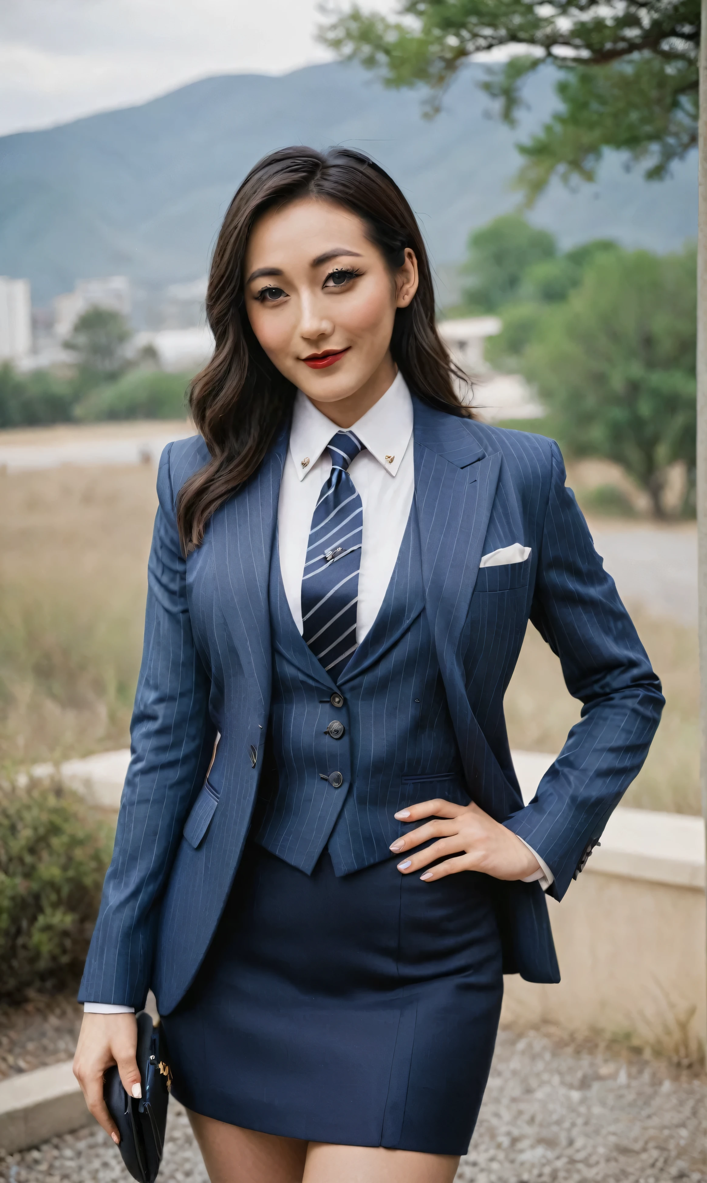 a beautiful picture of fukuharaXL ,woman,detailed skin texture,masterpiece, photorealistic, light, RAW color photo,(fully in frame:1.1), (blush:0.5), (goosebumps:0.5),(((navy pinstripe silk skirt suit))), (((three-piece suit))), (((light blue dress shirt with white collar))), (((necktie))), (((blazer))), (((suit jacket))), ((waistcoat)), double-breasted waistcoat, (((bodycon miniskirt))), pocket square, cufflinks, tie clip,detailed face,outdoors, (smile:0.5), film grain,cinematic lightning,fujifilm ,detailed eyes,camera, smile, office background, hair down, makeup, lipstick, mascara, eyeliner, eyeshadow, silky glossy hair, high heels, pinup pose, slender figure