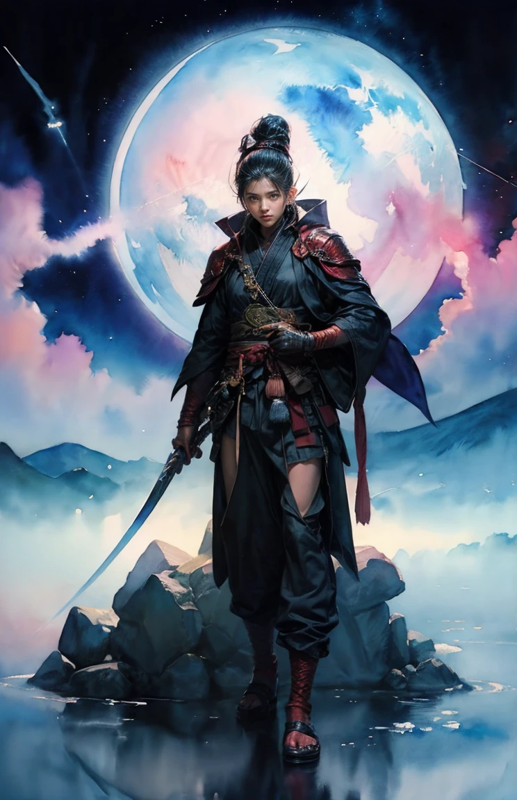 (Tabletop, Highest qualityの, Highest quality, Official Art, (beautifully、aesthetic:1.4), (Watercolor:1.4) ), (Tsukuyomi:1.5), 日本god話のgod様々々, Fleeting beauty, 星空に照らされたgod秘的な存在, god'Grace, Calm and contemplative expression, Flowing Heavenly Robe, Silver glow illuminating nocturnal landscapes, Dance of shadows and lights, Whispers of Ancient Legends