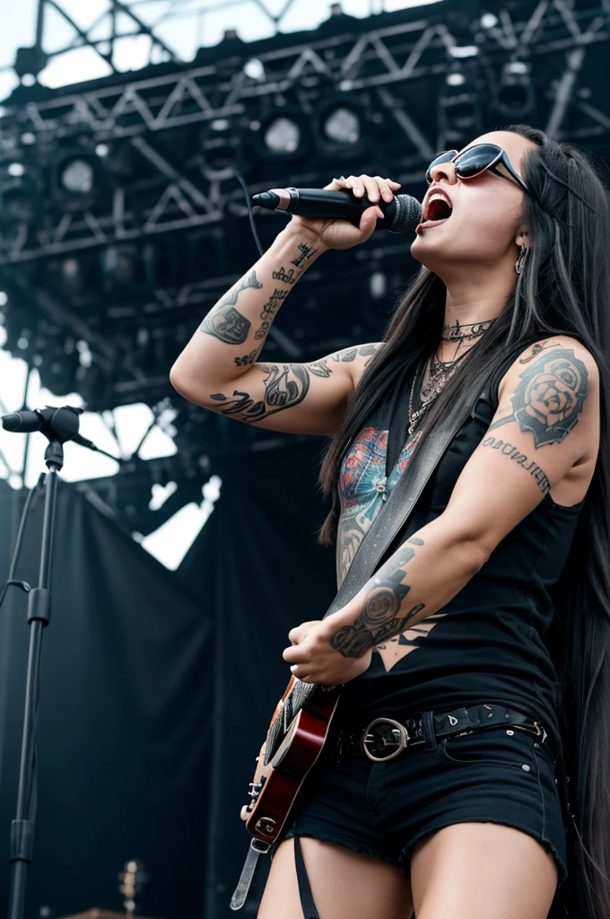 an image of the singer roonie radke, yelling,  tattooed, long hair, dark sunglasses, backwards, turning your head a little, long shot, dark panorama, Complete plan, wide angle, whole body, far, music festival