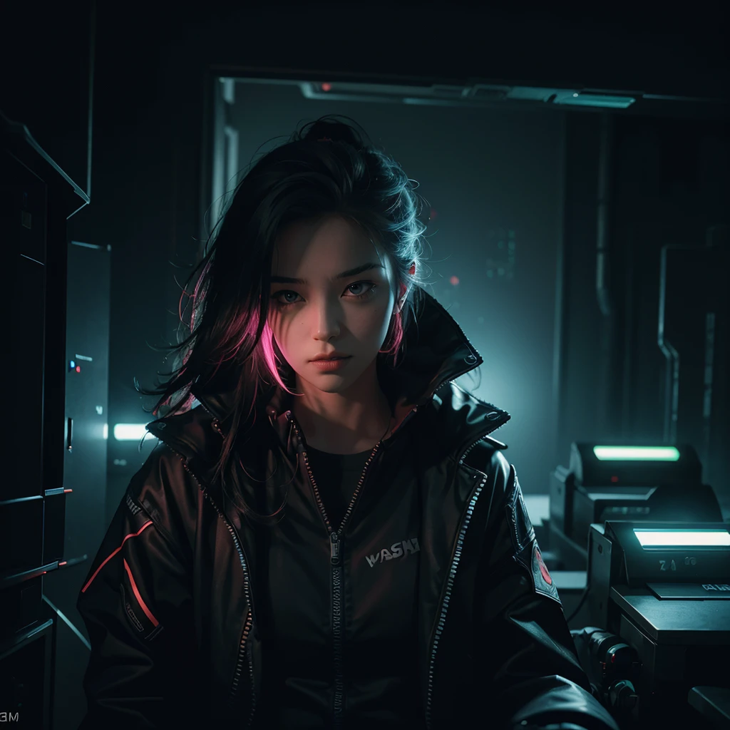 a clan of computer science majors, futuristic technology, cyberpunk, dark neon lighting, dramatic poses, glowing circuits, advanced machinery, intricate code, highly detailed, cinematic, (best quality,4k,8k,highres,masterpiece:1.2),ultra-detailed,(realistic,photorealistic,photo-realistic:1.37),hyper-realistic,dramatic shadows,moody atmosphere,neon colors,vibrant colors,dynamic composition