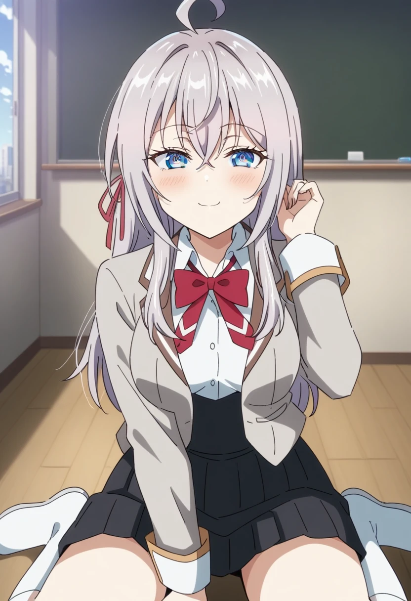 (Anime art style:0.1), 2D, masterpiece, Highest quality, so beautiful, Absurd, Dynamic Shadows, Atmospheric, Arisa_Mikhailovna, (One girl), (Grey Hair), Long Hair, blue eyes, Detailed eyes, Ahoge, Hair between the eyes, bangs, Medium chest, Curved body, compensate, Intense blush, clavicle, (Sexy smile), Hair Ribbon, Grey jacket, Open clothes, Blazer Buttons, White shirt, Pleated skirt, (Black blazer), Black Skirt, White knee socks, (Red Bow), bow tie, White shoes, Mary Jane, Sexy smile, (Upper Body), ((wariza)), View your viewers, classroom, blackboard, cloud, On the floor, city