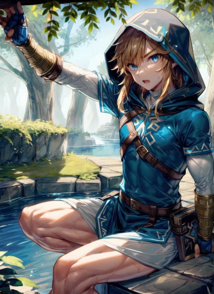 link, the legend of zelda, the legend of zelda: breath of the wild, 1boy, blue eyes, blue tunic, hood, hood up, leaf, light brown hair, looking at viewer, male focus, nature, open mouth, pointy ears, solo, water drop, ((masterpiece)) , extremely muscular,muscular legs , muscular arms, Muscular upper body, muscular abdominal muscles , muscular shoulders, muscular body, allone, latex