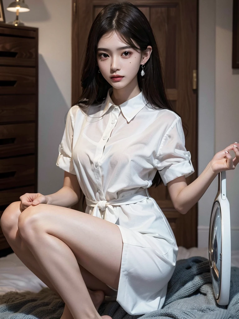 absurdres, RAW photo, extremely delicate and beautiful, masterpiece, Best Quality, ultra high resolution, 32k, hyperrealistic, ultra-detailed, perfect anatomy, super Detailed skin, perfect figure, Super Beauty, Perfect Style, Perfect balance, very Slim body, narrow waist,20 years old, very small head, very small face, delicate facial features, detailed face, detailed eyes, tearful mole, earring, very huge round , legs, medium hair, full body shot, indoor, collared shirt dress,