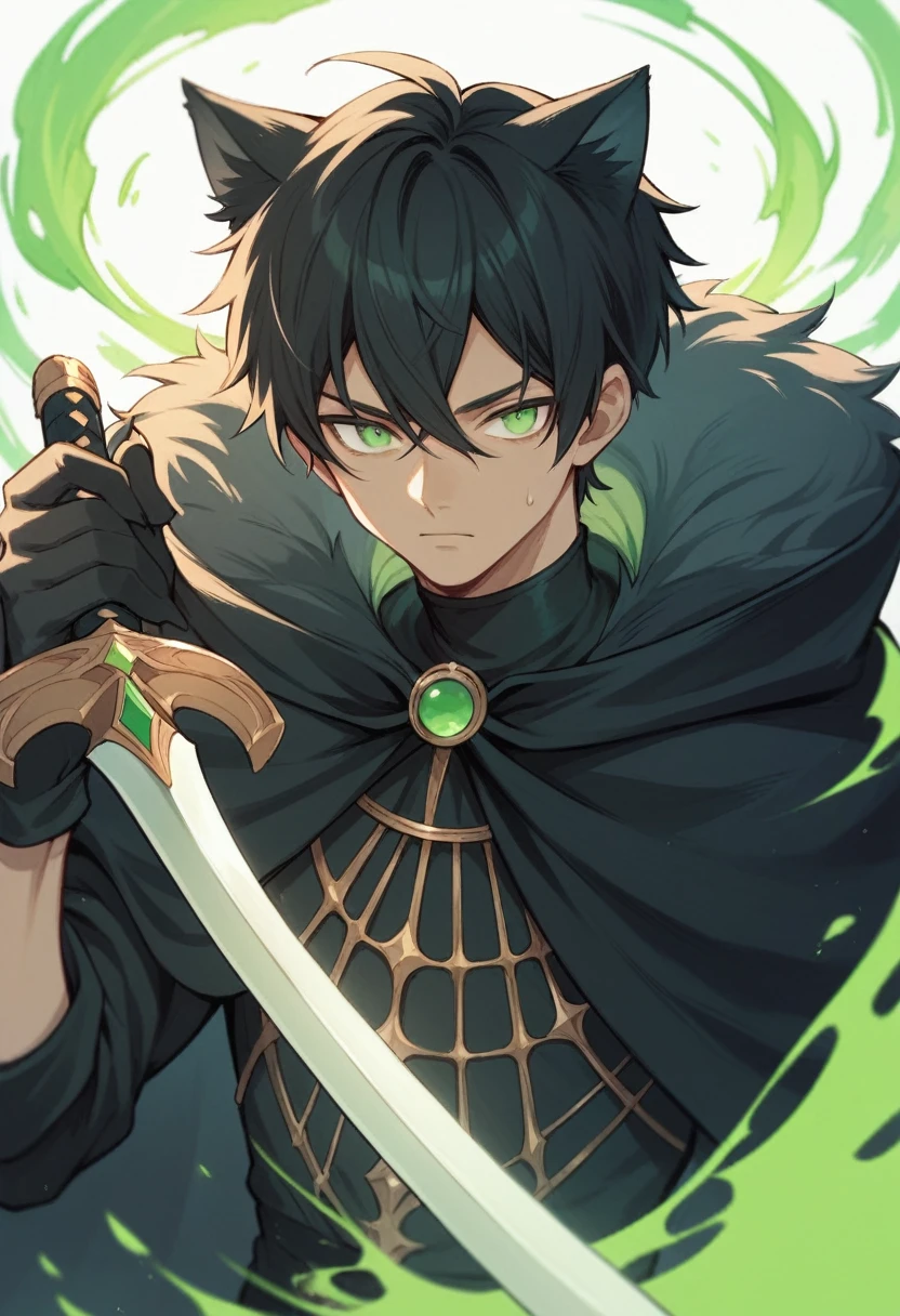 anime boy wearing a black cloak with green energy around him, black hair, green eyes, holding a sword, 4k, anime, black cat ears, dark skin,