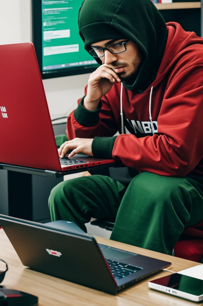 A hacker sitting and his laptop with red and green letters