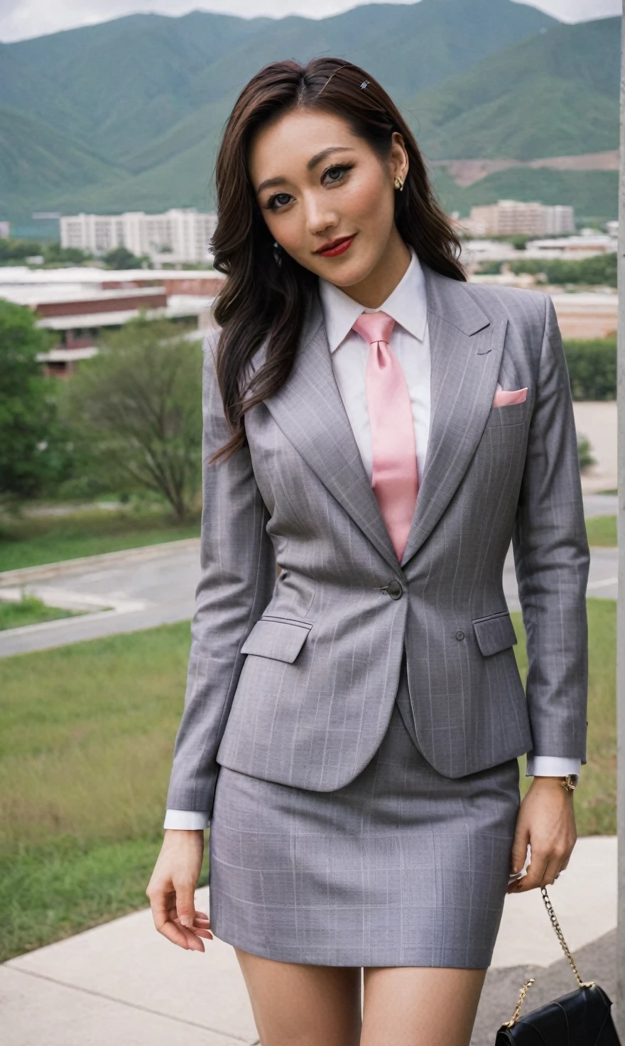 a beautiful picture of fukuharaXL ,woman,detailed skin texture,masterpiece, photorealistic, light, RAW color photo,(fully in frame:1.1), (blush:0.5), (goosebumps:0.5),(((light grey plaid silk skirt suit))), (((three-piece suit))), (((pink dress shirt with white collar))), contrast shirt collar, (((pink necktie))), (((blazer))), (((suit jacket))), (((waistcoat))), double-breasted waistcoat, (((bodycon miniskirt))), pocket square, cufflinks, tie clip,detailed face,outdoors, (smile:0.5), film grain,cinematic lightning,fujifilm ,detailed eyes,camera, smile, office background, hair down, makeup, lipstick, mascara, eyeliner, eyeshadow, silky glossy hair, high heels, pinup pose