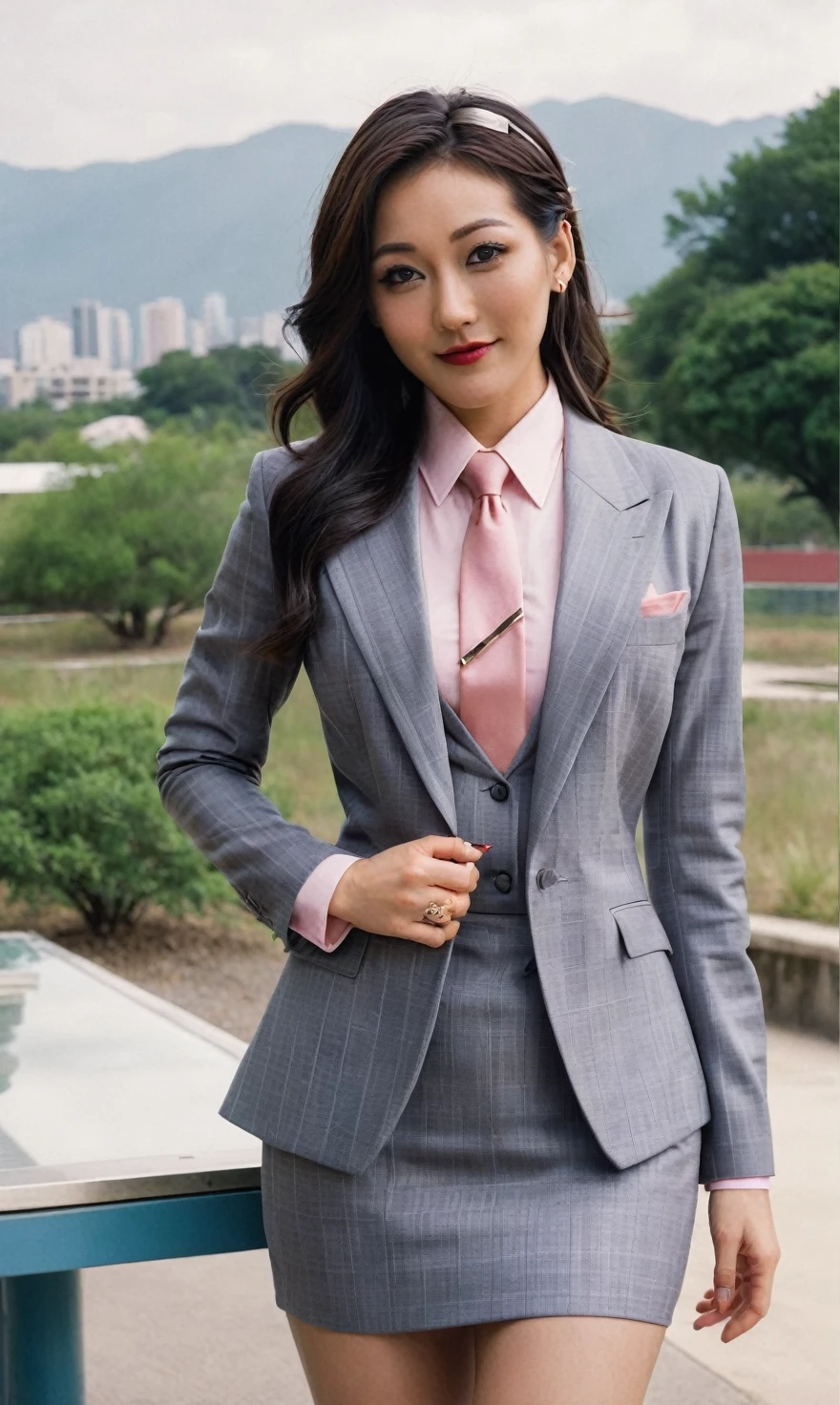 a beautiful picture of fukuharaXL ,woman,detailed skin texture,masterpiece, photorealistic, light, RAW color photo,(fully in frame:1.1), (blush:0.5), (goosebumps:0.5),(((light grey plaid silk skirt suit))), (((three-piece suit))), (((pink dress shirt with white collar))), contrast shirt collar, (((pink necktie))), (((blazer))), (((suit jacket))), (((waistcoat))), double-breasted waistcoat, (((bodycon miniskirt))), pocket square, cufflinks, tie clip,detailed face,outdoors, (smile:0.5), film grain,cinematic lightning,fujifilm ,detailed eyes,camera, smile, office background, hair down, makeup, lipstick, mascara, eyeliner, eyeshadow, silky glossy hair, high heels, pinup pose