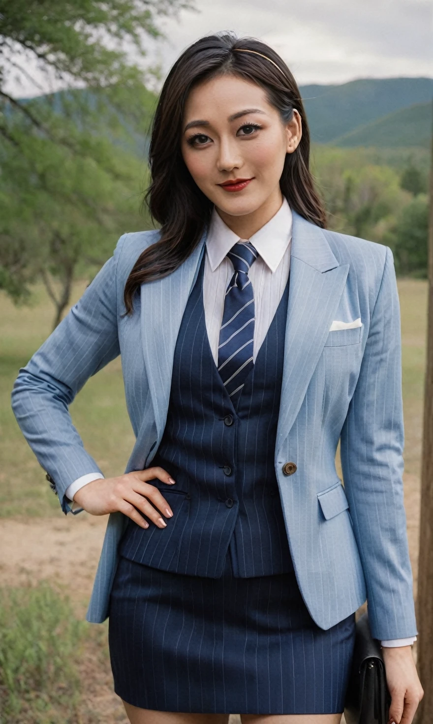 a beautiful picture of fukuharaXL ,woman,detailed skin texture,masterpiece, photorealistic, light, RAW color photo,(fully in frame:1.1), (blush:0.5), (goosebumps:0.5),(((navy pinstripe silk skirt suit))), (((three-piece suit))), (((light blue dress shirt with white collar))), (((necktie))), (((blazer))), (((suit jacket))), ((waistcoat)), double-breasted waistcoat, (((bodycon miniskirt))), pocket square, cufflinks, tie clip,detailed face,outdoors, (smile:0.5), film grain,cinematic lightning,fujifilm ,detailed eyes,camera, smile, office background, hair down, makeup, lipstick, mascara, eyeliner, eyeshadow, silky glossy hair, high heels, pinup pose, slender figure