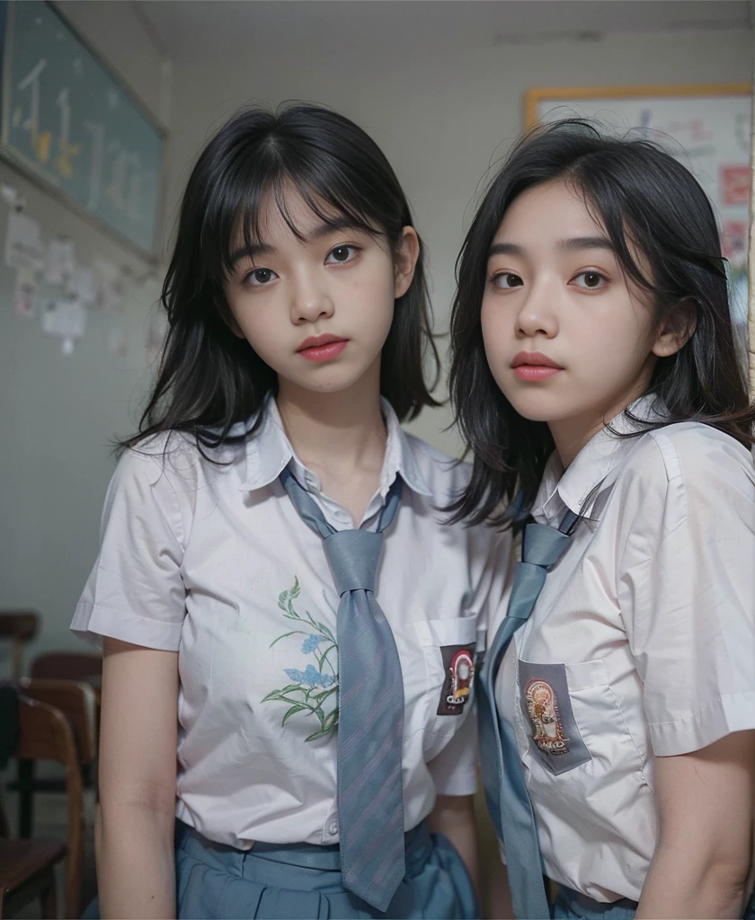 (upperbody:1.2), selfie portrait of (2 girls:1.5), beautiful cewe-sma wearing (highschool uniform, short sleeve, blue grey long tie, (bottomless:1.5)), serene expression, detailed facial features, flawless make-up, intricate embroidered patterns, (exposed hanging breast:1.3), slim body, sitting side by side with elegant pose), in the classroom, looks so cool, (foggy atmosphere:1.3), ((low angle, seen from forward):1.3), (facing forward:1.2), soft natural lighting, photorealistic, highly detailed, 8k, cinematic, dramatic, natural color tones,
