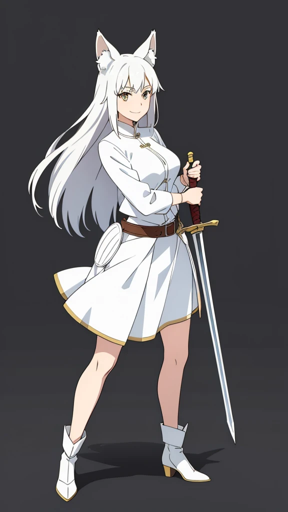 1girl ,solo,20s,mature female,white hair,long hair,fox ears,(simple background),white shirt,white skirt,smile,sword,idle pose,battle pose,left handed