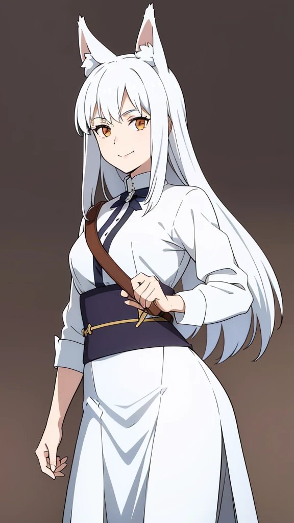 1girl ,solo,20s,mature female,white hair,long hair,fox ears,(simple background),white shirt,white skirt,smile,sword,idle pose,battle pose,left handed