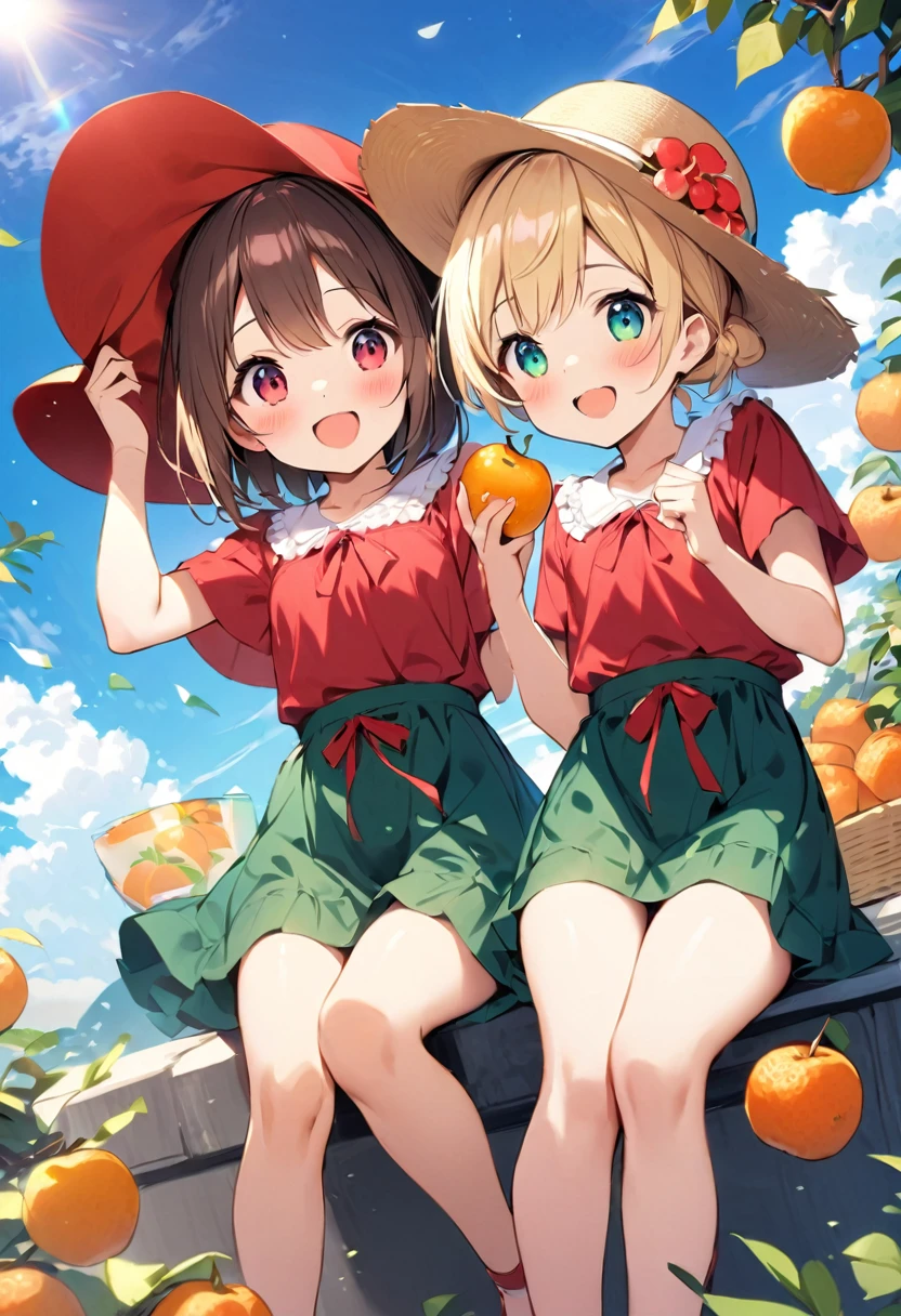 Highest quality、High resolution、Detailed Background、Beautiful face in every detail、Teenage beauty、Highly detailed face、
Light color hair、cute髪型、Fun atmosphere、A big smile、Apple、mandarin orange、peach、Grape、(Two girls enjoying fruit picking:1.5)、On top of a hill with a blue sky、wood々The sunlight shines through、I found some ripe red fruit.、Holding hands with friends、wood登りして高い枝から、甘い香りのGrapeを摘む、
A fun time filled with smiles、Summer memories: Fruit picking、Under the blue sky、Run around、Apple、mandarin orange、peachを集めた、I had a great time、A memorable summer day、
A flared dress made of lightweight material、Flat sandals、Caps and hats、The color is red, reminiscent of fruit.、yellow、orange、Green etc.、cute
