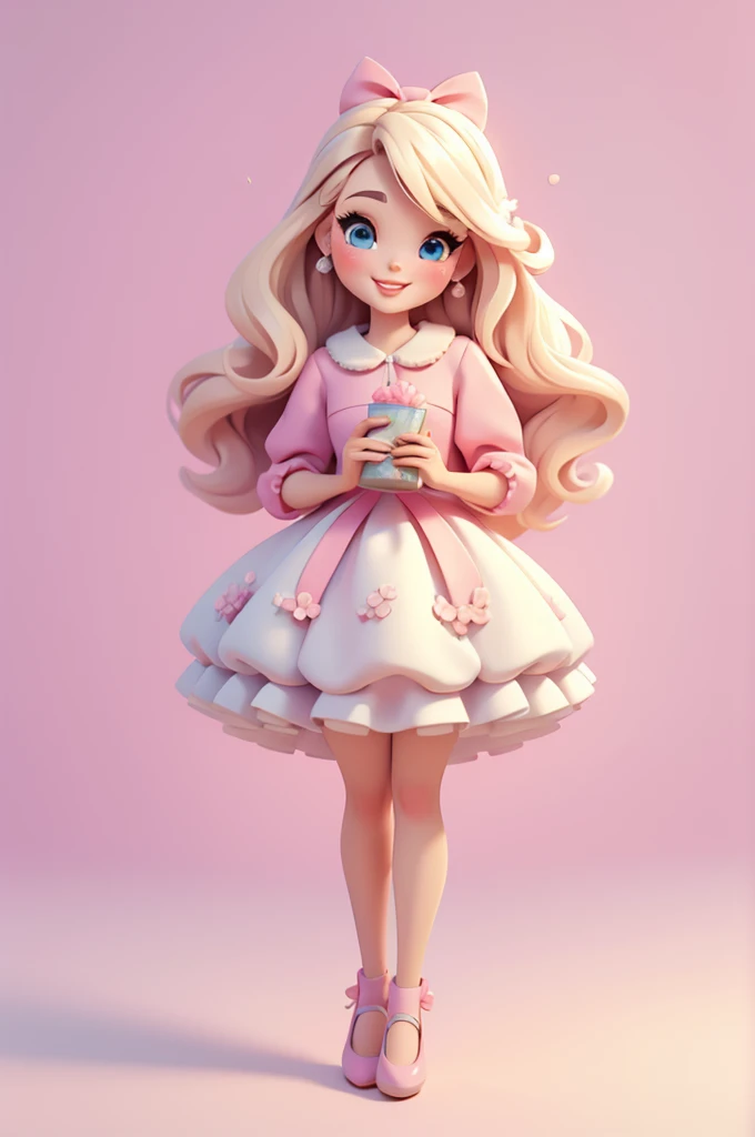 baby digital illustration, realisitic, Sheep style, extravagant, vivid image, (work of art, best qualityer:1.2),,Barbie, eyes large,blond, pink fushia bow in hair, cute expression,with light blue cotton candy in hand, perfect, ninth time, Photo of the center, White background, smiling, flower shoes, flower shoes, brown shoes, smiling, standing, whole body, Photo of the center