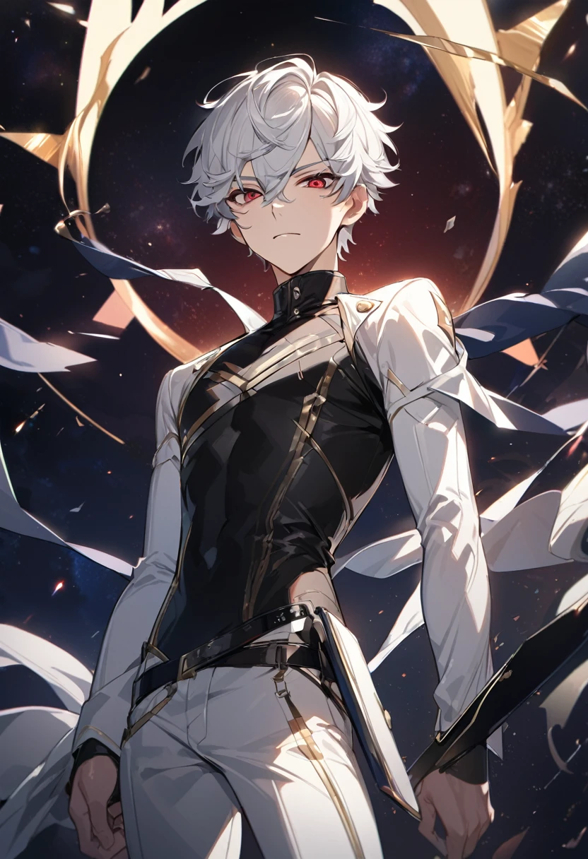High quality, HD, 4k, handsome male, 1male, 17 years old, teenager, golden lining, short white hair, sharp eyes, red eyes, deep red eyes, devil may cry, close up, calm expression, stoic expression, black leather clothes, white leather clothing, lean body, full body, looking at viewer, cowboy shot, white solar, space background