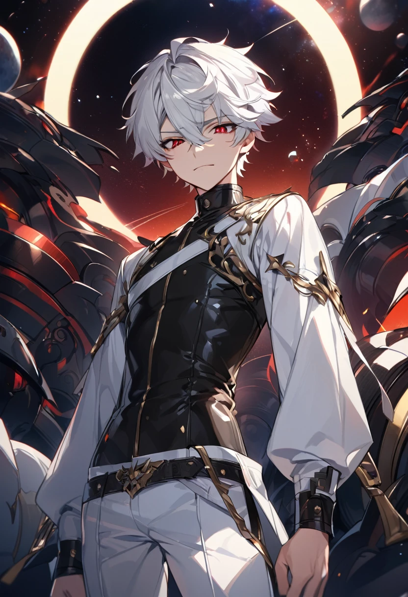 High quality, HD, 4k, handsome male, 1male, , teenager, golden lining, short white hair, sharp eyes, red eyes, deep red eyes, devil may cry, close up, calm expression, stoic expression, black leather clothes, white leather clothing, lean body, full body, looking at viewer, cowboy shot, white solar, space background