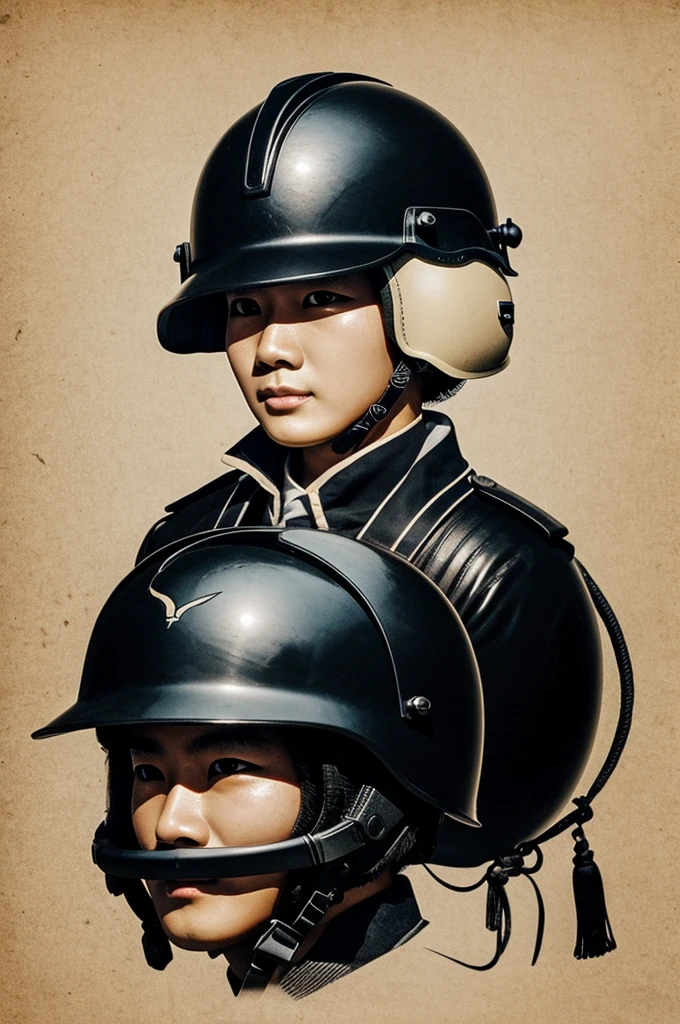 Chinese ink style image.
The face of a lamb wearing an unfastened modern military helmet 