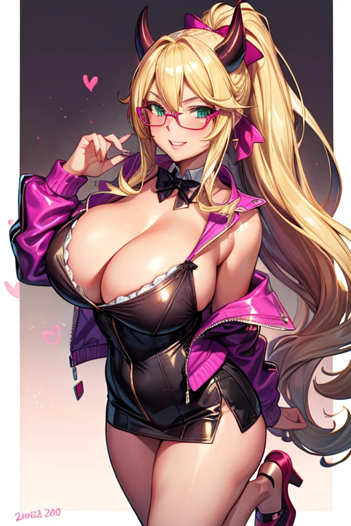 blush, smile,glowing aura, natural light, masterpiece,  glossy skin, juicy lips , ,sexy, hot,,juicy lips,hour glass, blonde hair,  wide eyes, green eyes, massive , dark lighting, long hair, pink bow, , platform shoes, bow in hair, golden round glasses, sandy blonde hair, black horns 
? breasts 
? cleavage 
? collared shirt 
? dated 
? horns 
? huge breasts 
? jacket 
? long hair 3.5M
? looking at viewer 2.6M
? oni horns 27k
? parted lips 379k
? ponytail 499k
? purple jacket
? shirt 
?  background
? single horn 
? smile 
? solo 
?  username l
? upper body 
? white background l
? white shirt