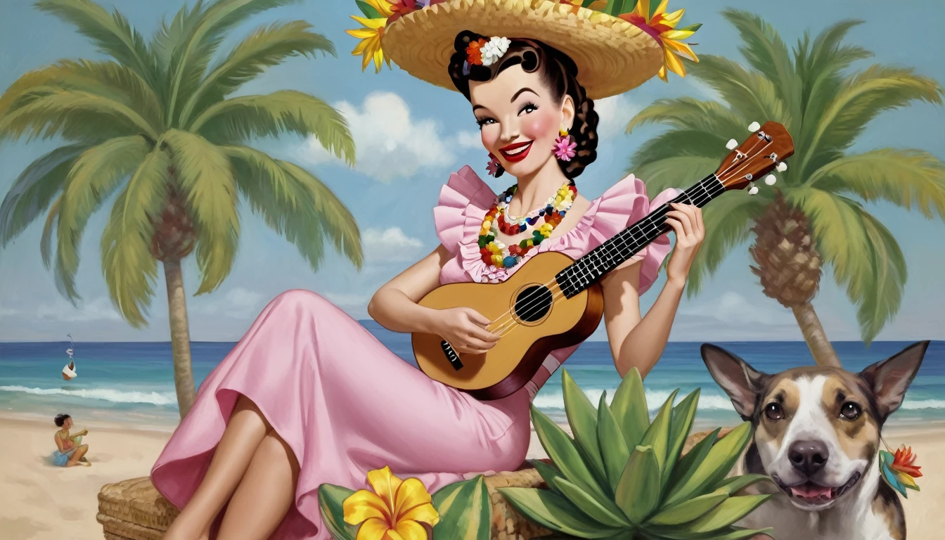 1941; Carmen Miranda (Hello, friends)  playing Ukulele, by Genevieve Naylor 