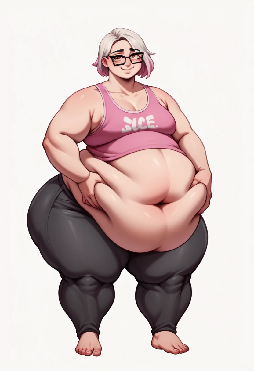 Sunkissed skin all over, Thicc, moobs, extremely morbidly obese, pink and white hair, ((wearing)), black 50s glasses, pink tanktop, black pants, detailed feet, voluptuous, feminine boy, femboy, perfect hands, perfect face, smile, (anatomically correct), (Perfect/ realistic proportions:1.2), (overwhelmingly fat arms, obese face), hands grabbing belly, ((extremely widest hips possible!)), ((extremely massive thick thighs, morbidly large belly), belly overhang!)), (1080P, 4k UHD, Masterpiece:2.1!) ((single)), background: tilted towers_fortnite