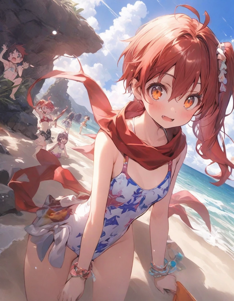 purple color scheme,sky-themed clothes made out of bikini and sky motifs. Her outfit is fluffy and soft.cute bikini,pareo,beach, red hair,, two tone hair, shiny hair, jewelry, ,, fire, dynamic angle, best quality,,,、,10 years old, ,(blooch:1.25), red scarf, ,rider belt,,red,ribbon, red hair,orange eyes,, gloves,,bodysuit,, ahoge, antenna hair, short hair,(small breasts:1.3),,(side ponytail:1.5),