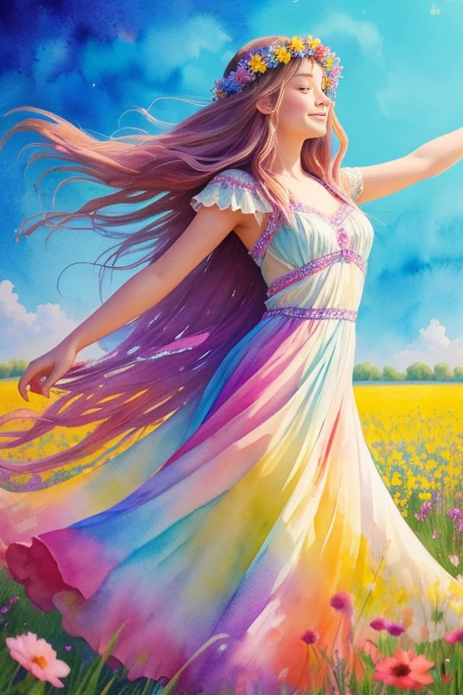 A whimsical girl with long, flowing hair made of flowers, dancing in a field of vibrant colors. Rendered in a dreamy, watercolor style.