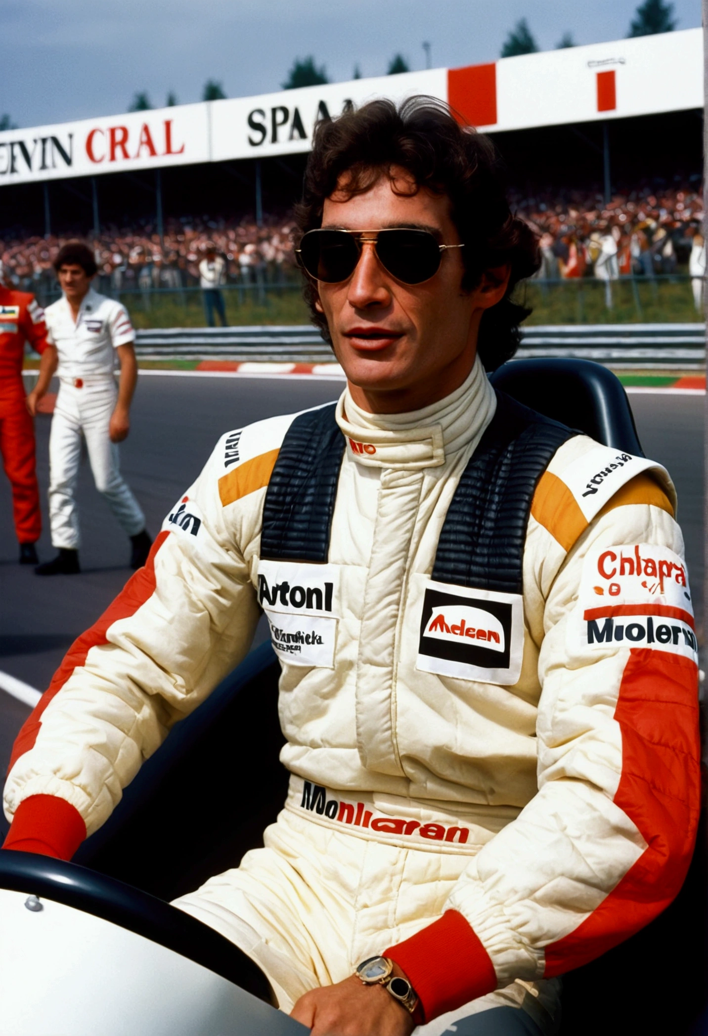 ayrton senna at age 30 wearing a mclaren costume riding a 2D chaparral at the francorchamp spa circuit 