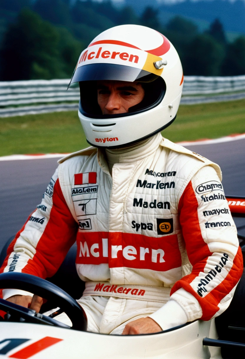 ayrton senna at age 30 wearing a mclaren costume riding a 2D chaparral at the francorchamp spa circuit