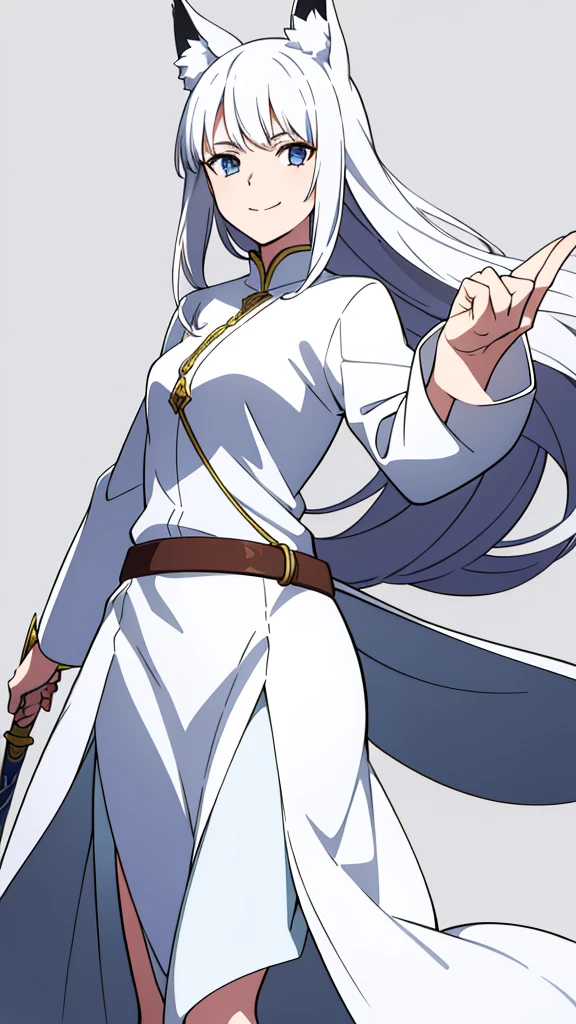 1girl ,solo,20s,mature female,white hair,long hair,fox ears,(simple background),white shirt,white skirt,smile,sword,idle pose,battle pose,left handed