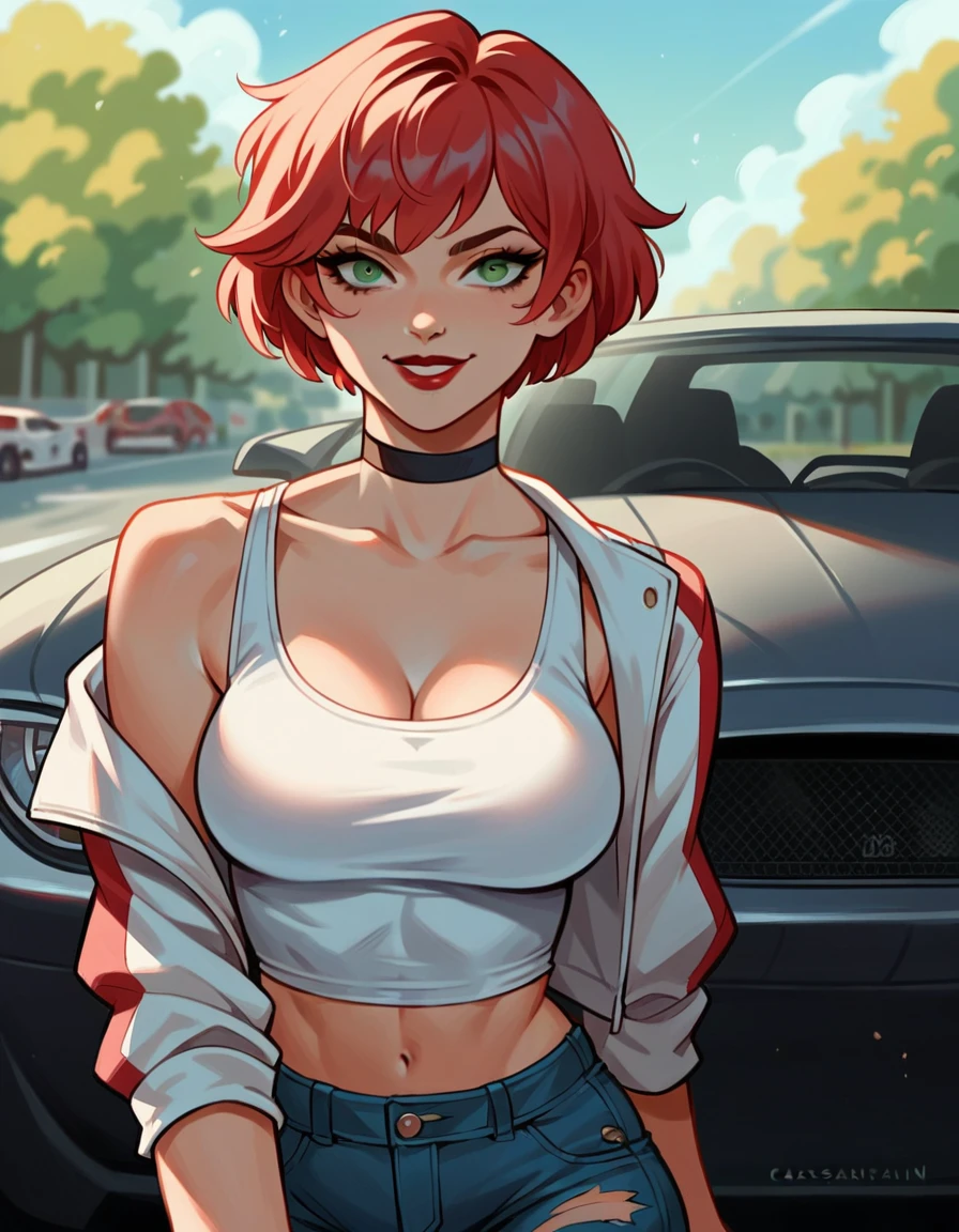 ((best quality)), ((8k)) beautiful woman, ((caucasian skin)), red hair, short hair, jacket, black cropped, ripped jeans, posing, sensual, ((streets)), red lipstick, black choker, green eyes, evil smile, portrait, slender body, tribal arms tattoo, ((sports car)),