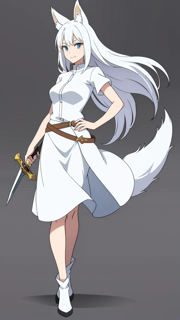 1girl ,solo,20s,mature female,white hair,long hair,fox ears,(simple background),white shirt,white skirt,smile,sword,idle pose,battle pose,left handed