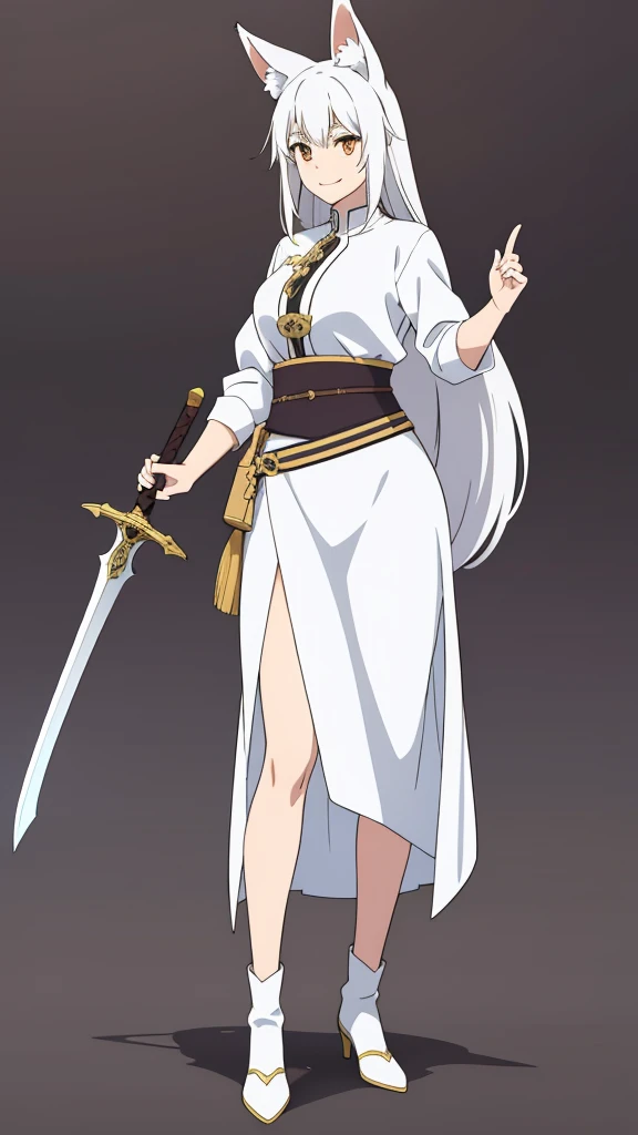 1girl ,solo,20s,mature female,white hair,long hair,fox ears,(simple background),white shirt,white skirt,smile,sword,idle pose,battle pose,left handed