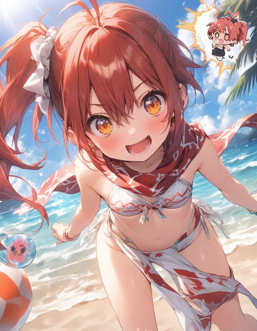 white color scheme,sky-themed clothes made out of bikini and sky motifs..cute One-piece swimsuit,pareo,beach, red hair,, two tone hair, shiny hair, jewelry, ,,, dynamic angle, best quality,,,、,, ,(blooch:1.25), red scarf, ,,,red,ribbon, red hair,orange eyes,, , ahoge, antenna hair, short hair,(small breasts:1.2),,(side ponytail:1.2),1girl,