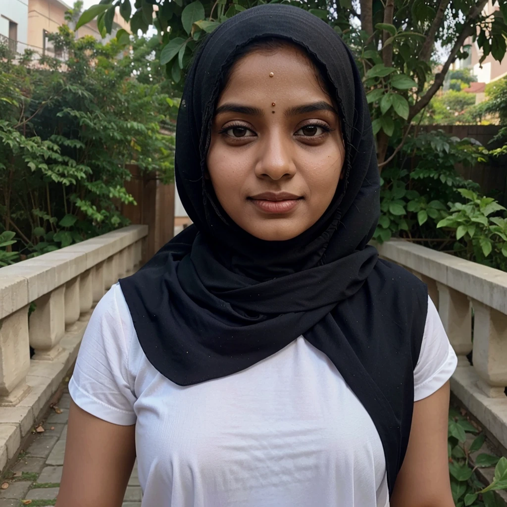 An indian malayali muslim woman, 28 years old, slim, 36-28-36, wearing hijab, churidar