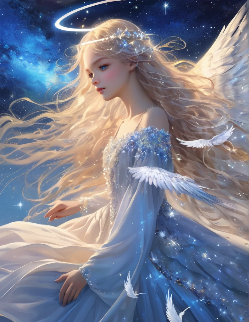 (best quality:1.2),(hands finger 5 digits:1.3),(extremely delicate and beautiful:1.3),(detailed ultra detailed:1.2),(scenery clear details:1.2),(scenery crystal clear :1.2),(solo),(blue eyes),(long white long hair),(white dress),(angel wings),(floating white feathers,starry sky),(clusters of stars,starry sky),(glinting stars),(solo),(long silver long hair),(best quality:1.2),(hands finger 5 digits:1.3),(extremely delicate and beautiful:1.3),(detailed ultra detailed:1.2),(scenery clear details:1.2),