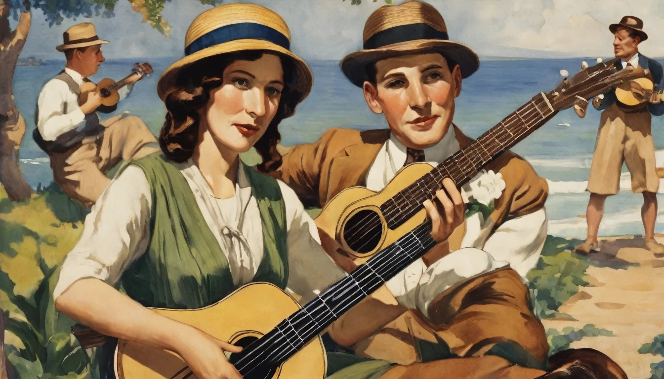 1930; Hardy and Laurel tocando Ukulelê, by Genevieve Naylor