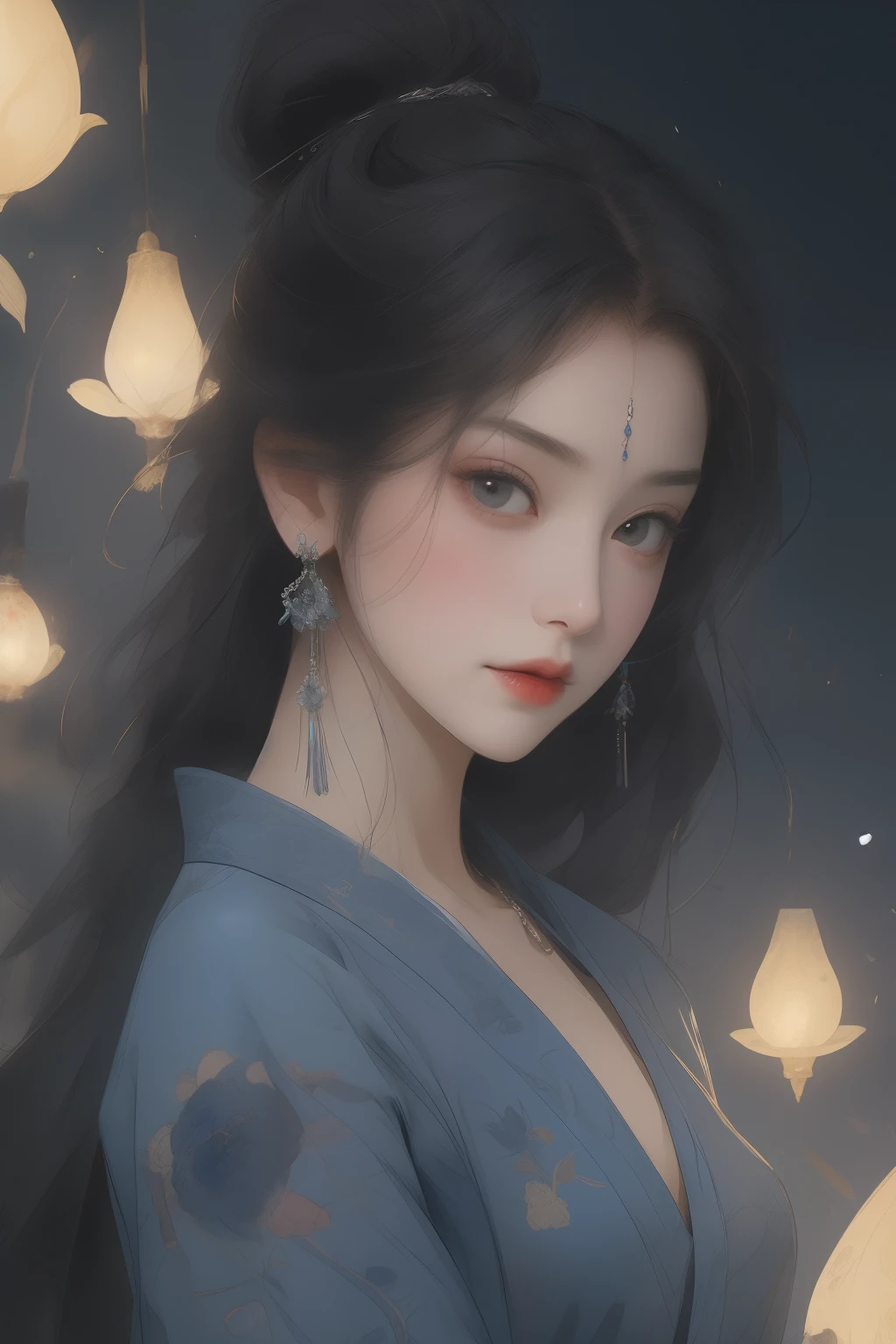 (Masterpiece: 1.2), a captivating depiction of a mature Chinese girl, immersed in the enchanting atmosphere of xianxia, under the vast expanse of a starry night. The nightscape is painted with the soft glow of the moon and the distant twinkling of stars, creating a majestic moonscape backdrop. The elegant outdoor enclosure, reminiscent of ancient Chinese architecture, provides a perfect setting for this masterpiece.

The girl, adorned in a dark blue hanfu, exudes an aura of both charm and maturity. Her long, silky black hair cascades down her back, the dark brown eyes filled with a mysterious all