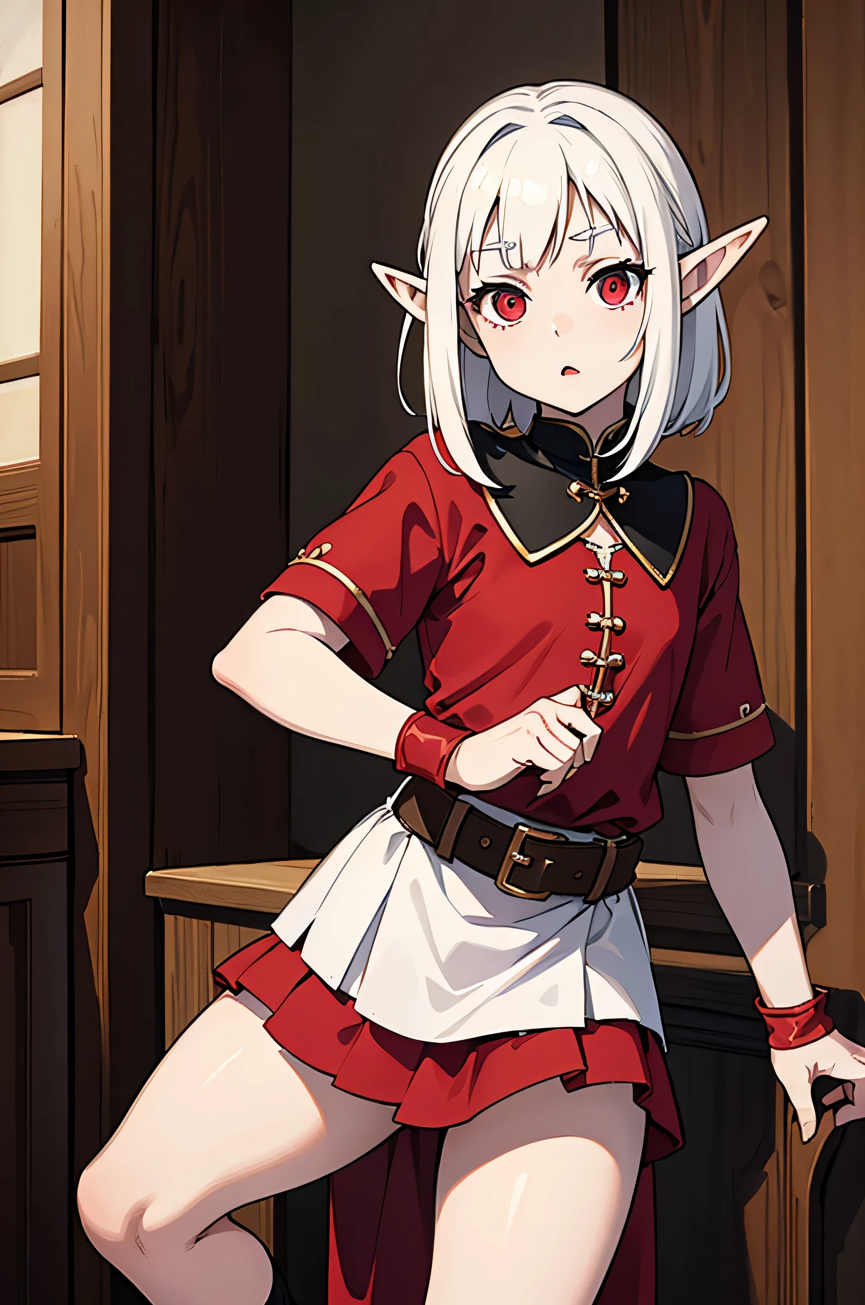 a  elf girl, with white skin, 12 yessed in dark red clothes, her style is gothic, she is in a room, the environment must be medieval