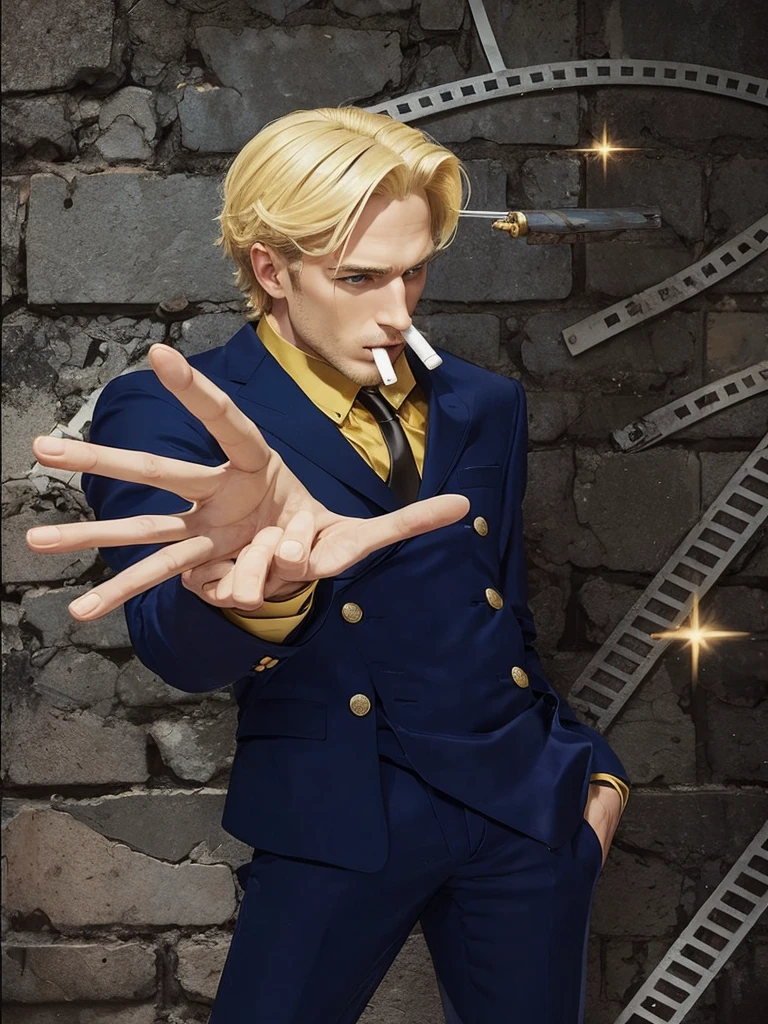 a man with blond hair, with a blue suit set, brave humor, WITH CIGARETTE IN MOUTH