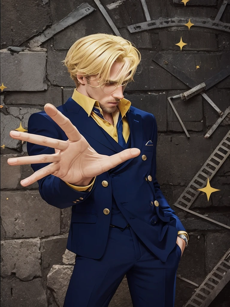 a man with blond hair, with a blue suit set, brave humor, WITH CIGARETTE IN MOUTH