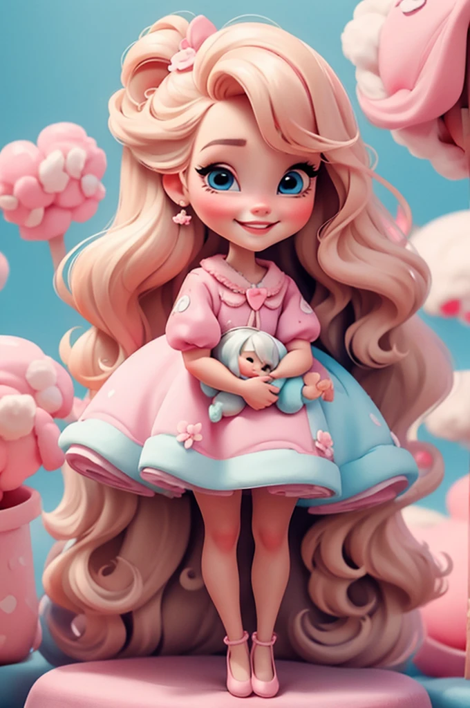 digital illustration, realisitic, Sheep style, extravagant, vivid image, (work of art, best qualityer:1.2),,Barbie, eyes large,blond, pink fushia bow in hair, cute expression,with light blue cotton candy in hand, perfect, ninth time, Photo of the center, White background, smiling, flower shoes, flower shoes, brown shoes, smiling, standing, whole body, Photo of the center