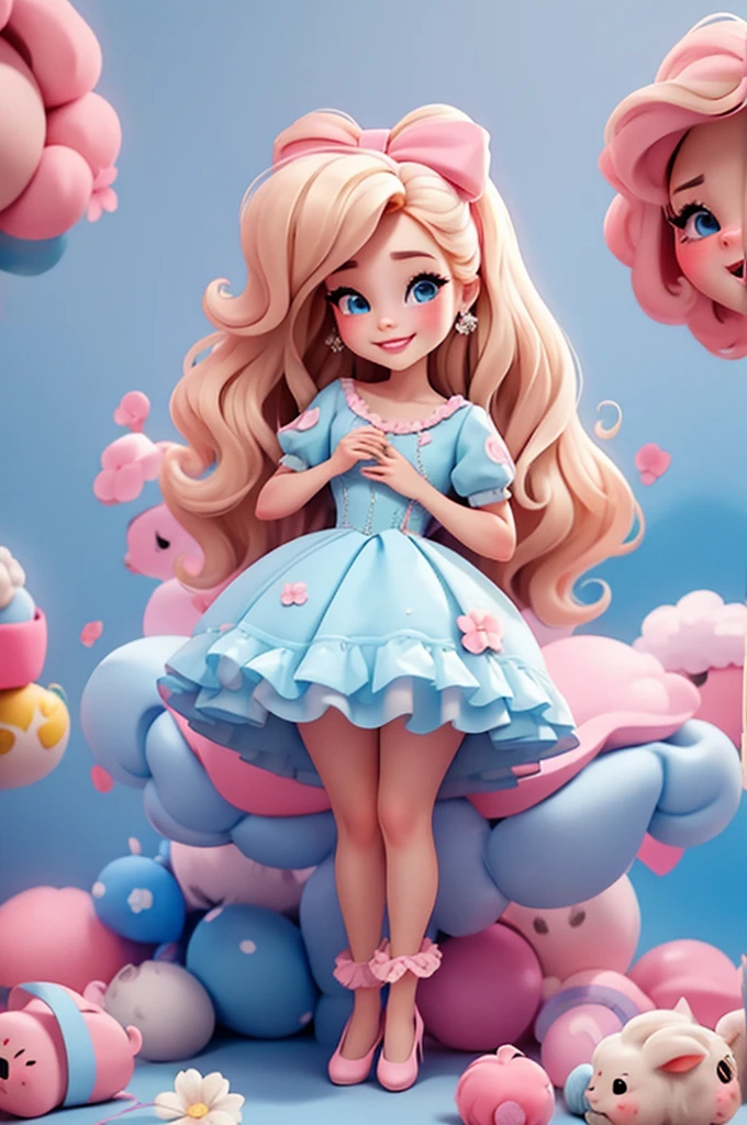 baby  digital illustration, realisitic, Sheep style, extravagant, vivid image, (work of art, best qualityer:1.2),，Barbie, eyes large，blond, pink fushia bow in hair, cute expression，with light blue cotton candy in hand, perfect, ninth time, Photo of the center, White background, smiling, flower shoes, flower shoes, brown shoes, smiling, standing, whole body, Photo of the center
